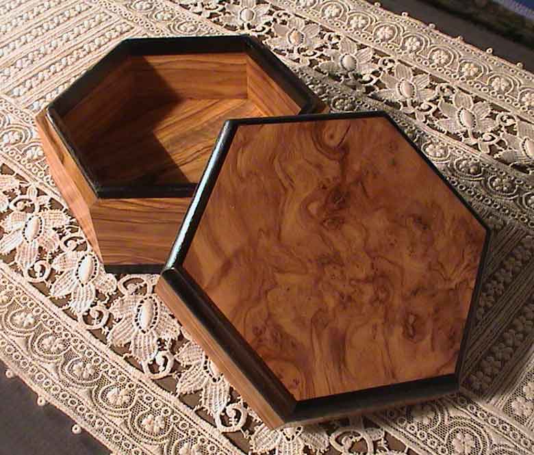 David Irlam, hexagonal olivewood box with ebony trim